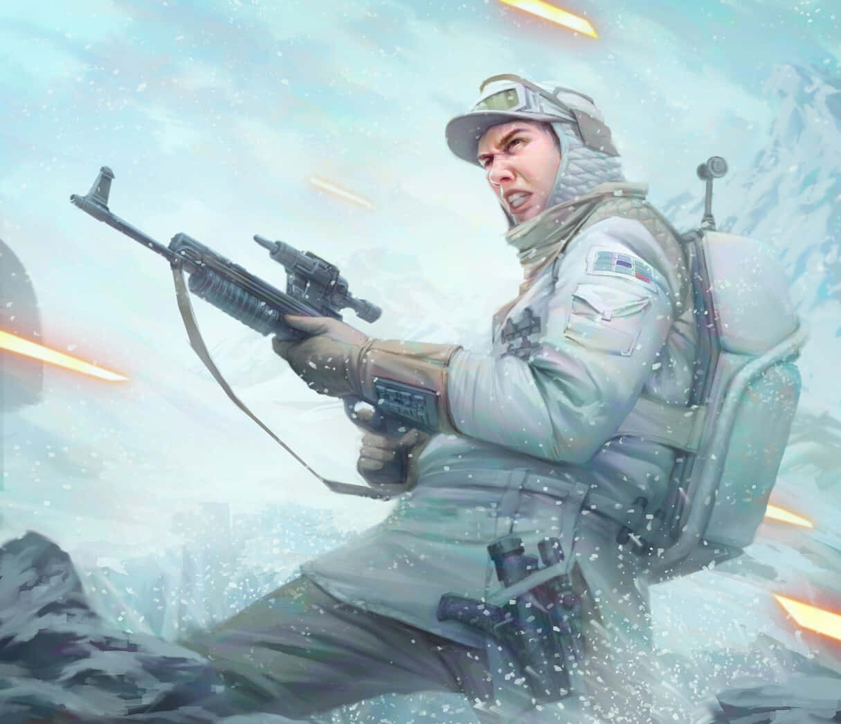 Blaster Rifles 桌布 壁紙 — 一名身穿白色盔甲的雪地兵在飄雪和橙色激光射線的冰凍戰場上發射爆能步槍。