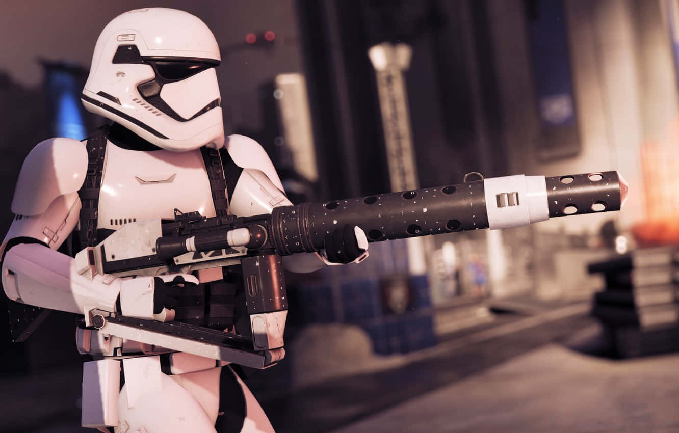 Blaster Rifles 桌布 壁紙 — 一名身穿白色盔甲的風暴兵在昏暗的未來風格走廊中手持爆能步槍，環境光線溫暖。