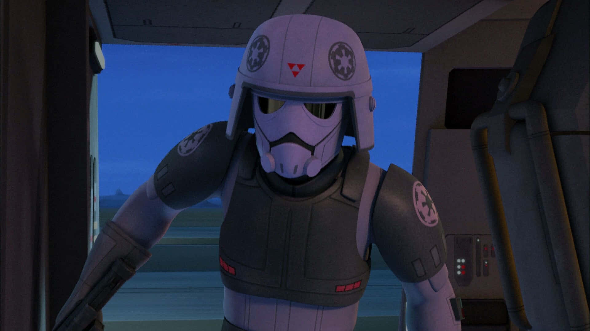 Imperial Army 桌布 壁紙 — 一名身穿白色盔甲的風暴兵站在太空船駕駛艙內，凝視著昏暗的藍色天空。