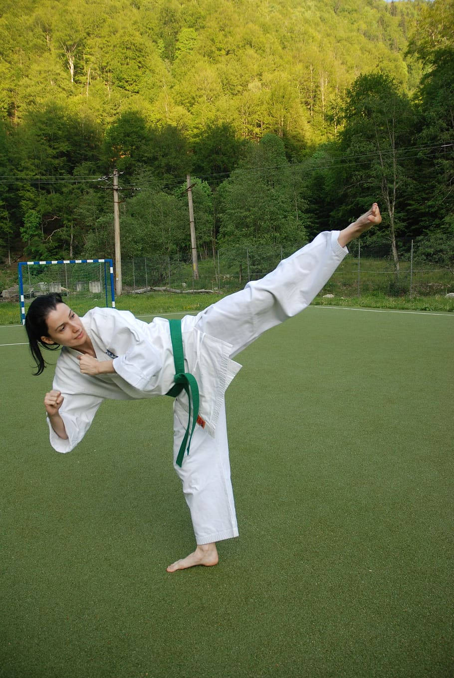 Exercise 桌布 壁紙 — 一名身穿白色空手道道服、腰繫綠色腰帶的女子，在綠油油的運動場上施展高踢腿，四周環繞著茂密的森林。
