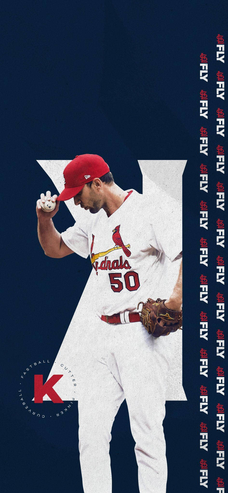 Adam Wainwright 桌布 壁紙 — 一名身穿白色紅雀隊球衣、戴紅色帽子、背號50的棒球投手，在深藍色背景上重複「FLY」文字前準備投球。