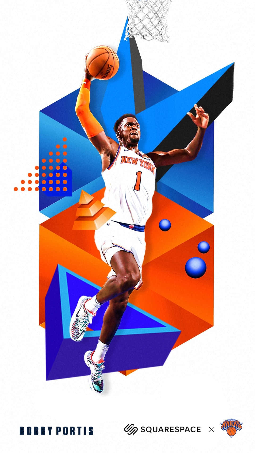 Knicks 桌布 壁紙 — 一名身穿白色紐約尼克球衣的籃球運動員，在充滿活力的藍色、橙色和幾何形狀的抽象背景下灌籃。