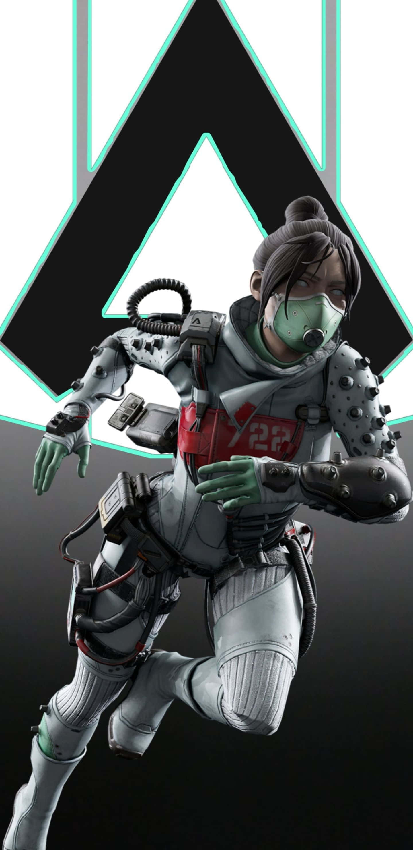Pixel 3xl Apex Legends 桌布 壁紙 — 一名身穿白色裝甲裝備、帶有綠色點綴和面具的未來士兵，在發光的青綠色和黑色三角形標誌背景下動態奔跑。