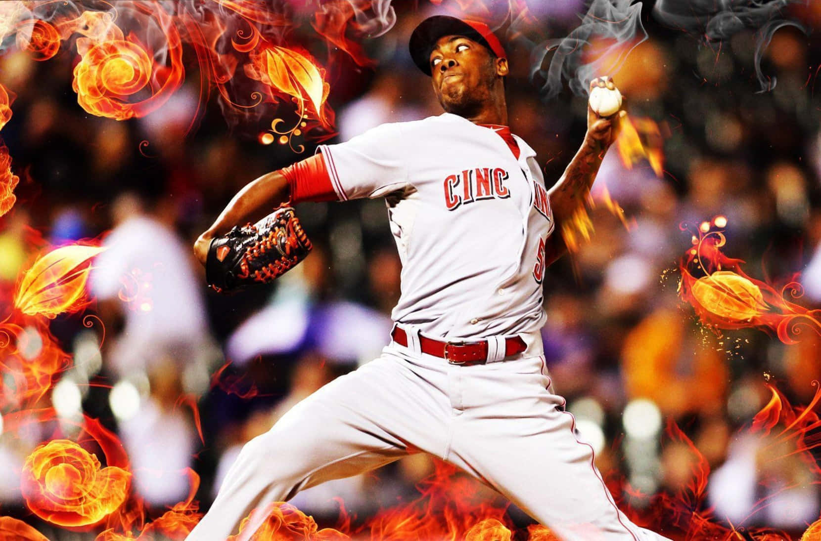 Baseball Players 桌布 壁紙 — 一名身穿白色配紅色點綴球衣的棒球投手，在旋轉的火焰和煙霧中投球。