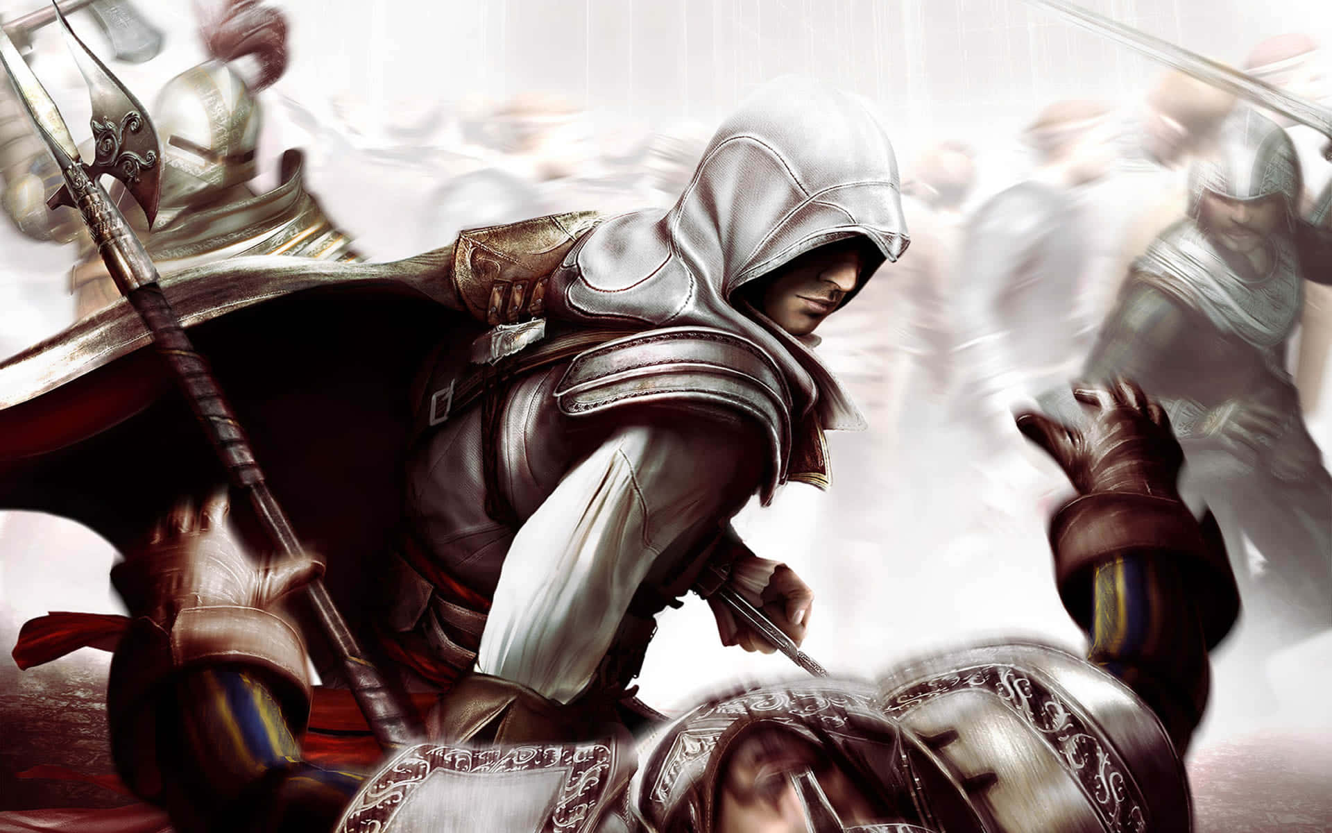 Assassin's Creed Altair 桌布 壁紙 — 一名身穿白色長袍和盔甲的兜帽刺客在混亂的中世紀混戰中與裝甲騎士戰鬥。