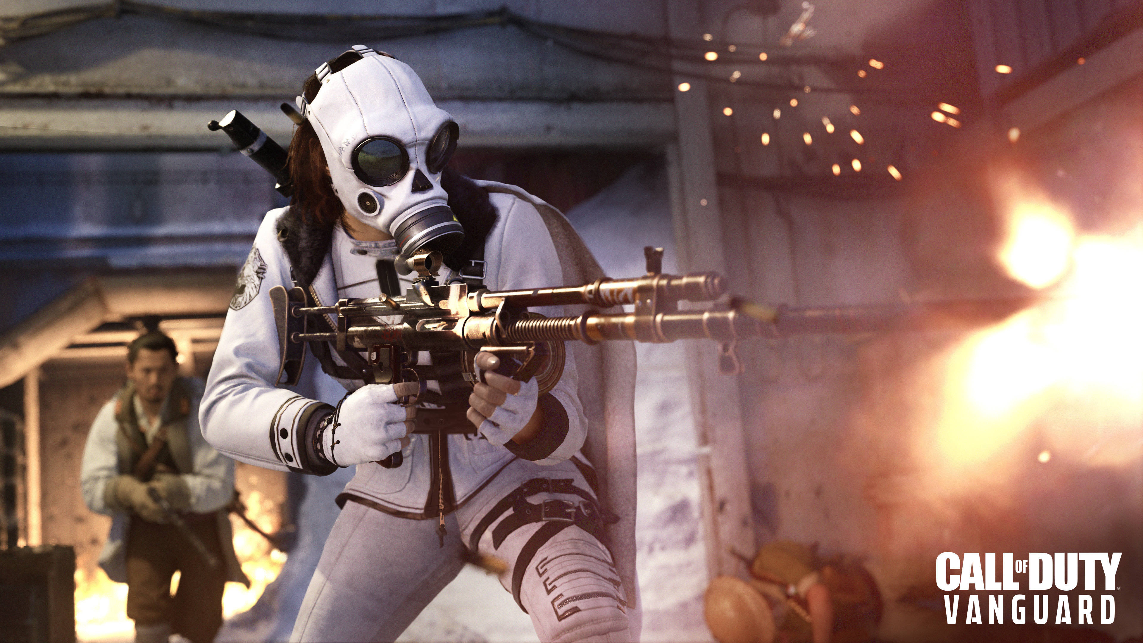 Call Of Duty Vanguard 桌布 壁紙 — 一名身穿白色防毒面具和戰術裝備的士兵在 gritty 的城市戰場上發射重型機槍，伴隨著火花和槍口閃光。