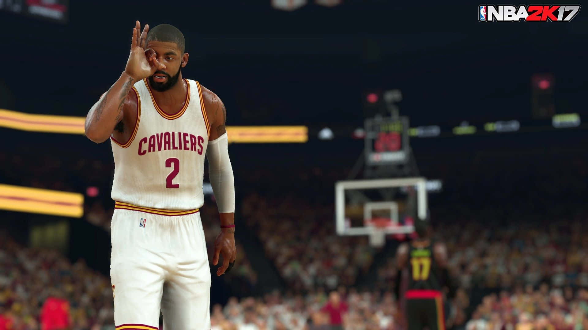 NBA 2k 桌布 壁紙 — 一名身穿白色騎士隊球衣的籃球運動員在燈光明亮的球場上做出眼部手勢，背景有觀眾。