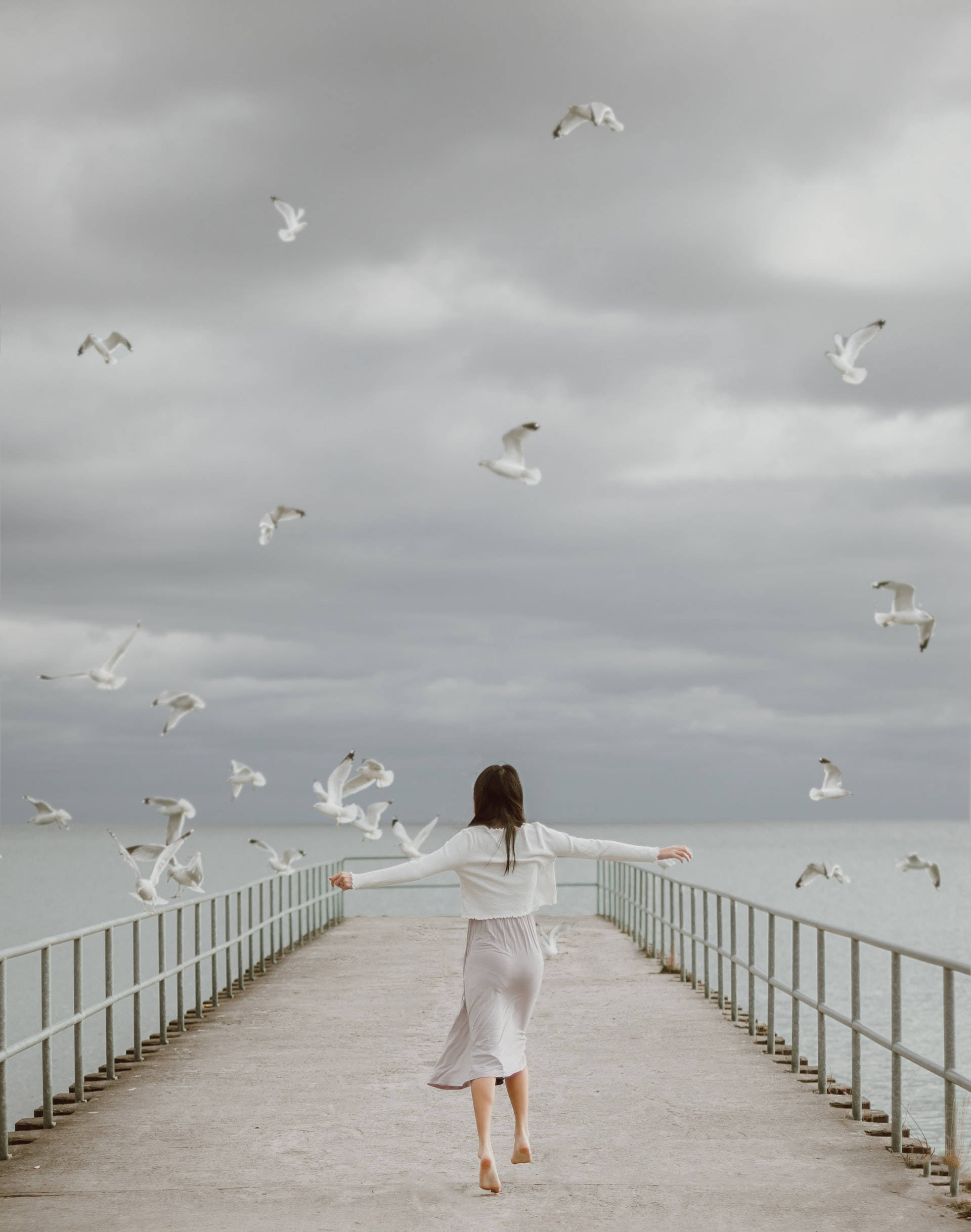 birds 桌布 壁紙 — 一名身穿白衣的女子在陰天之下赤腳跑下碼頭，海鷗在她周圍翱翔。