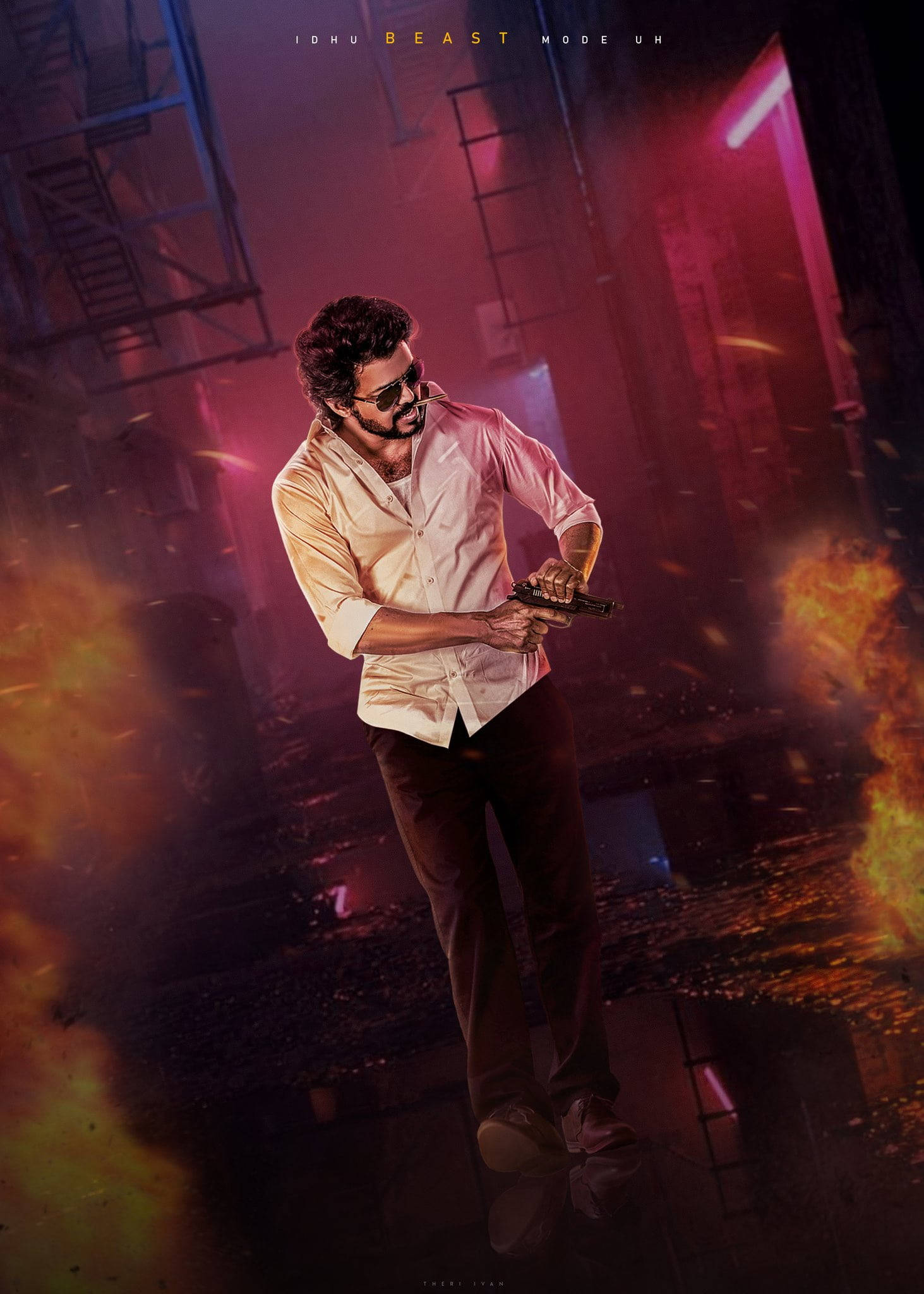 vijay HD 桌布 壁紙 — 一名身穿白襯衫和太陽眼鏡的男子在黑暗的工業小巷中，在熾熱的爆炸中手持槍支。