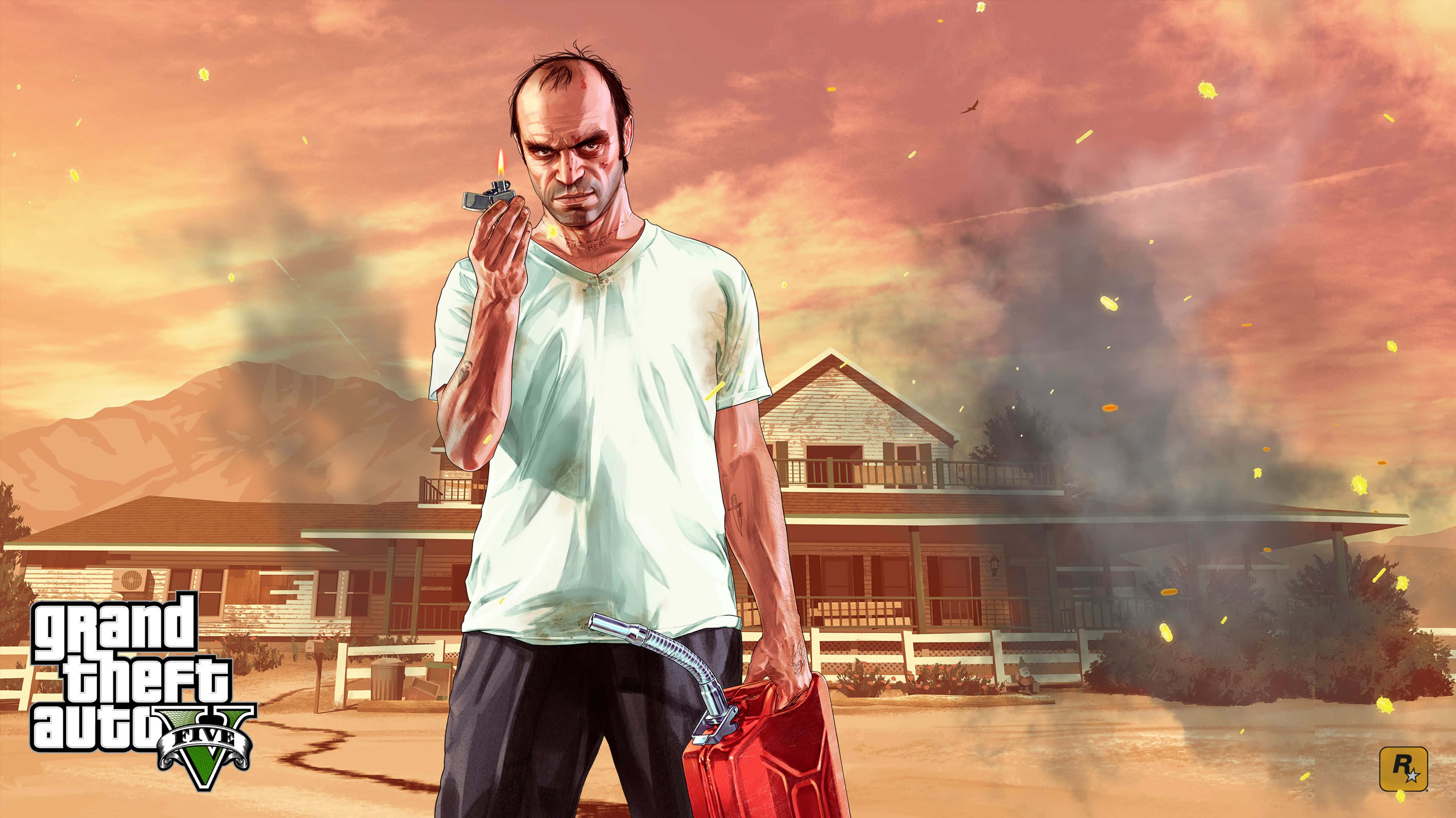 GTA 5 動圖 桌布 壁紙 — 一名身穿白襯衫的男子，在熾熱橙紅色的天空下，於一間燃燒中的房屋前，手持一個點燃的打火機和一個紅色煤氣罐。