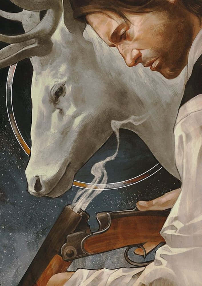 電玩遊戲 桌布 壁紙 — 一名身穿白襯衫的男子，在繁星點點的宇宙背景下，手持冒煙的步槍，旁邊是一頭寧靜的白鹿。