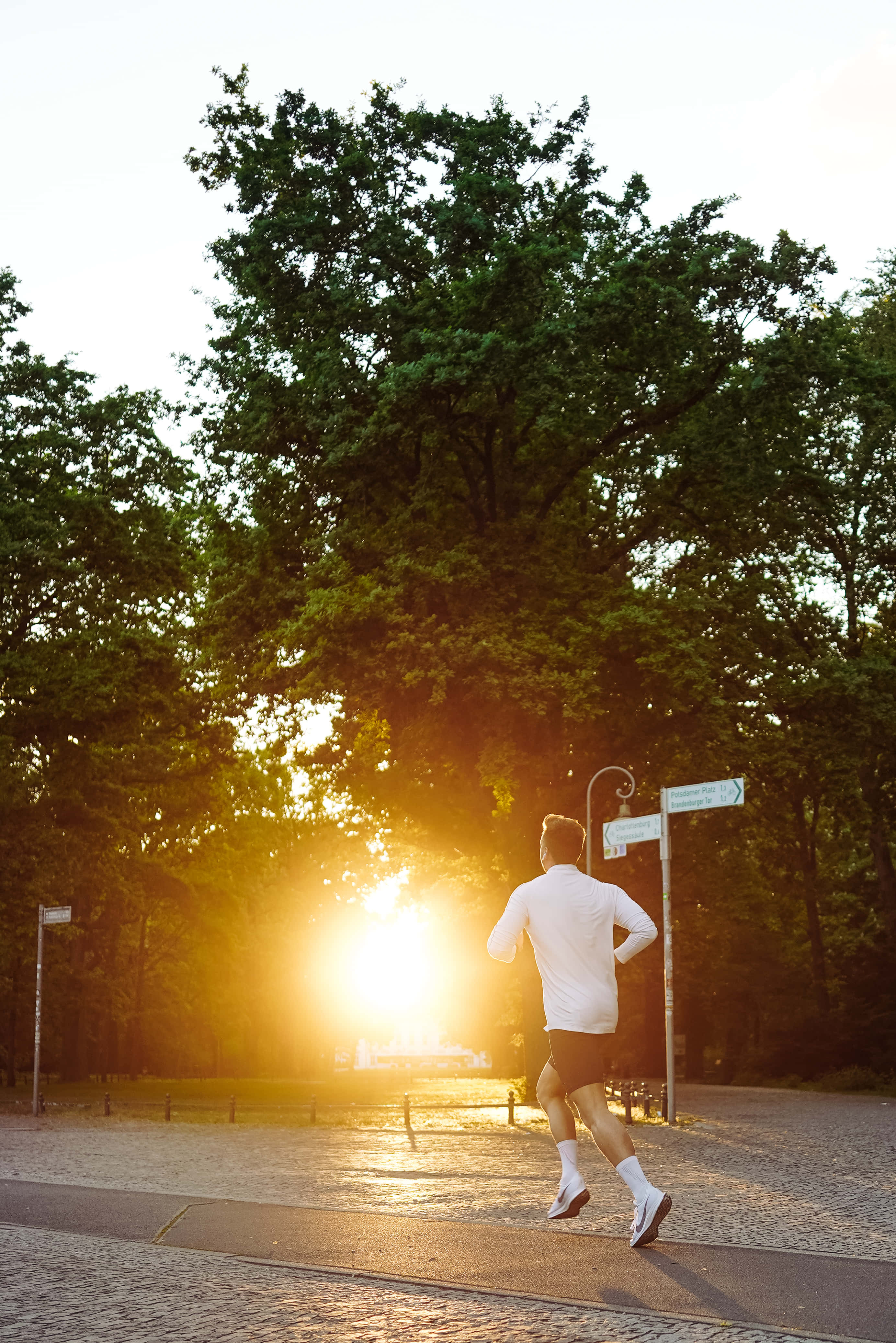 運動 桌布 壁紙 — 一名身穿白襯衫的跑者沿著綠樹成蔭的小徑飛奔，身後金色的夕陽閃耀。