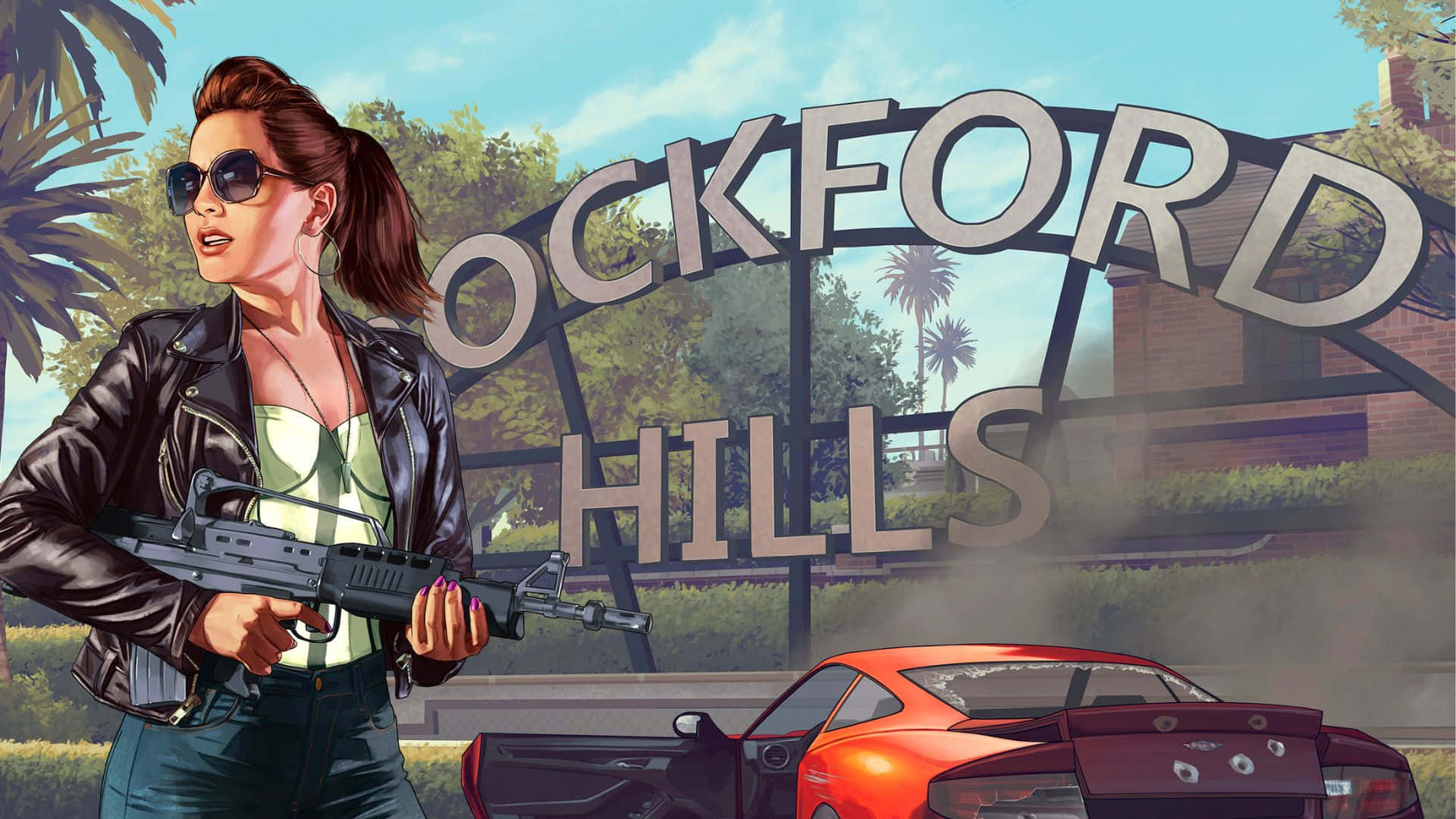 1920x1080 Grand Theft Auto V 桌布 壁紙 — 一名身穿皮夾克的女子在「Rockford Hills」標誌下，手持步槍站在一輛紅色跑車旁。