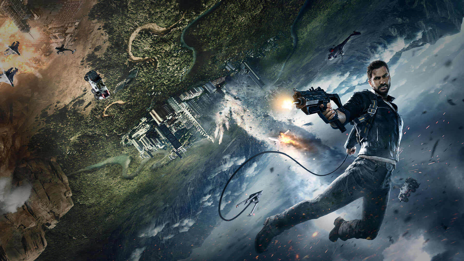 1920x1080 Just Cause 4 桌布 壁紙 — 一名身穿皮夾克的男子在暴風雨中墜落，同時發射抓鉤槍，下方是滿佈爆炸和飛行車輛的 crumbling 城市景觀。