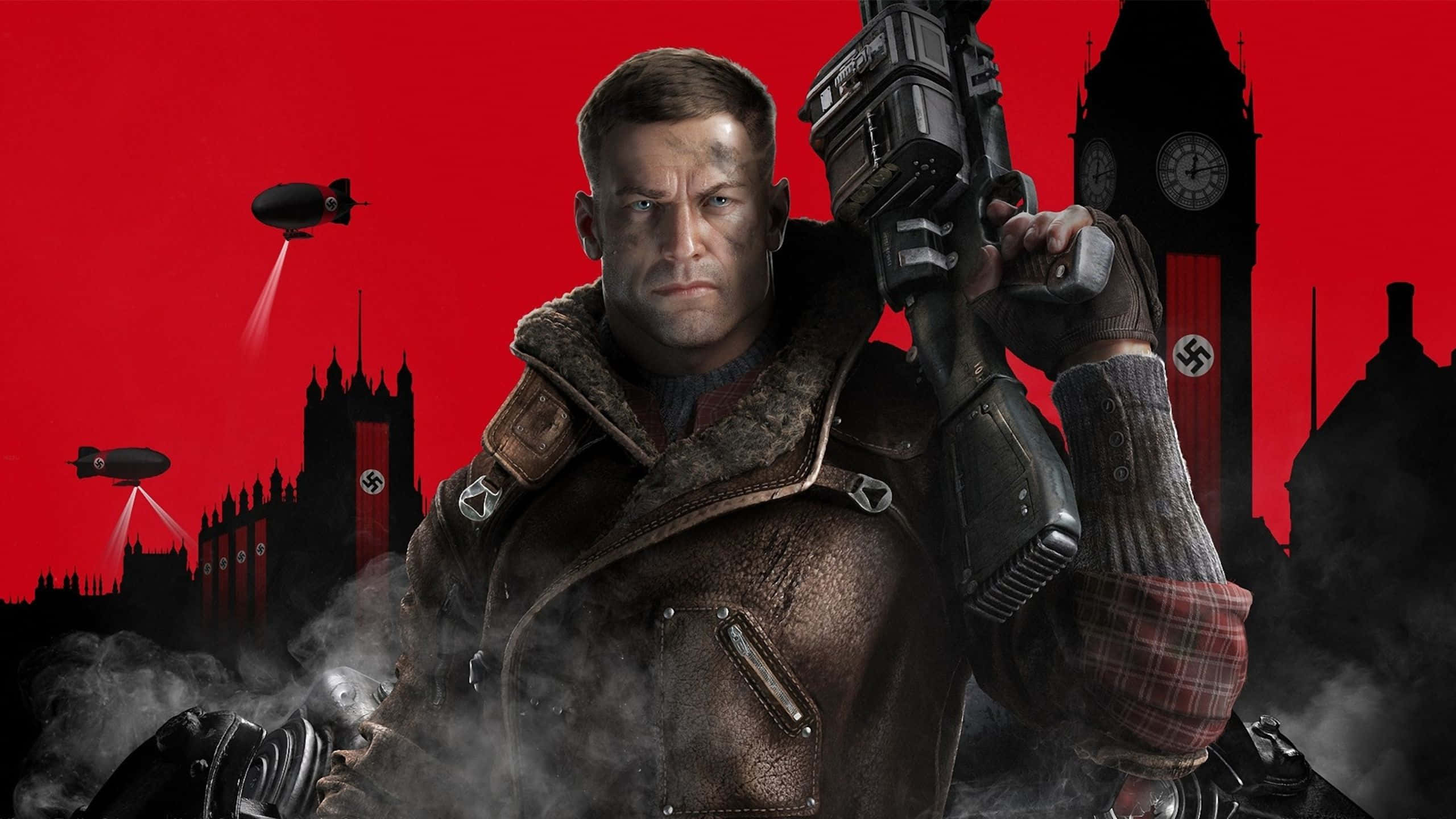 Wolfenstein Ii 桌布 壁紙 — 一名身穿皮衣的嚴肅士兵，在紅色背景下，手持未來武器，背景是戰爭蹂躪的倫敦天際線，有飛船和卍字標誌。