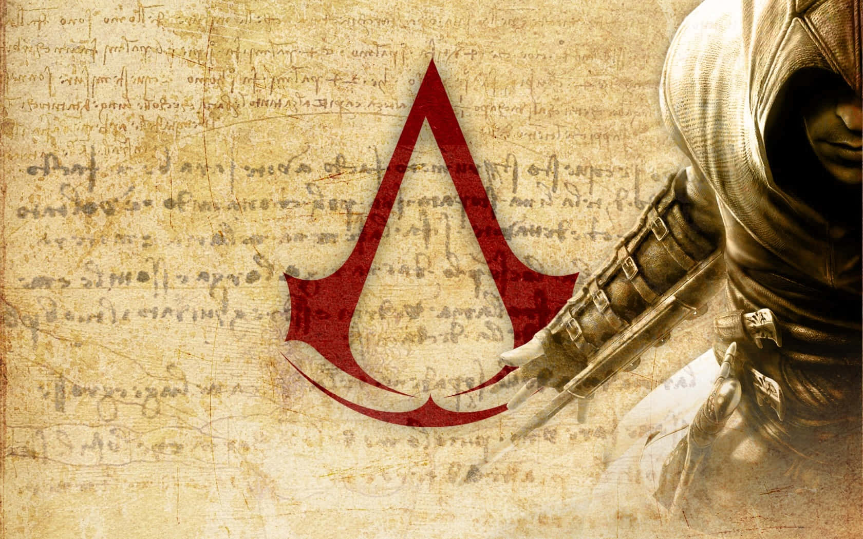 Desmond Miles 桌布 壁紙 — 一名身穿皮革盔甲的兜帽刺客，在帶有褪色文字和醒目紅色Assassin's Creed標誌的羊皮紙背景上，手持隱藏刀刃。