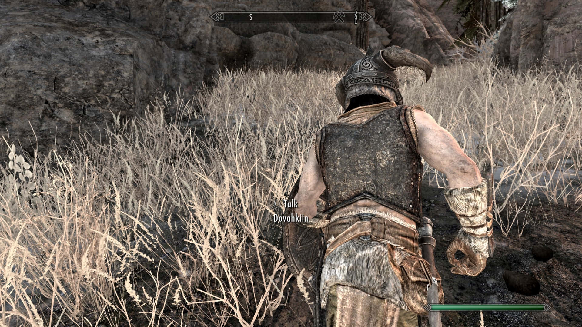 dovahkiin 桌布 壁紙 — 一名身穿盔甲、戴著角盔的戰士，在電玩場景中走過岩石地形附近的乾草叢。