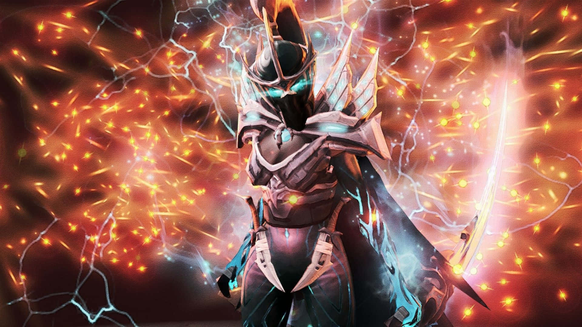 Phantom Assassin 桌布 壁紙 — 一名身穿盔甲、擁有發光藍色眼睛、周圍閃電劈啪作響的戰士，手持發光劍，背景是熾熱的橙色和紅色。