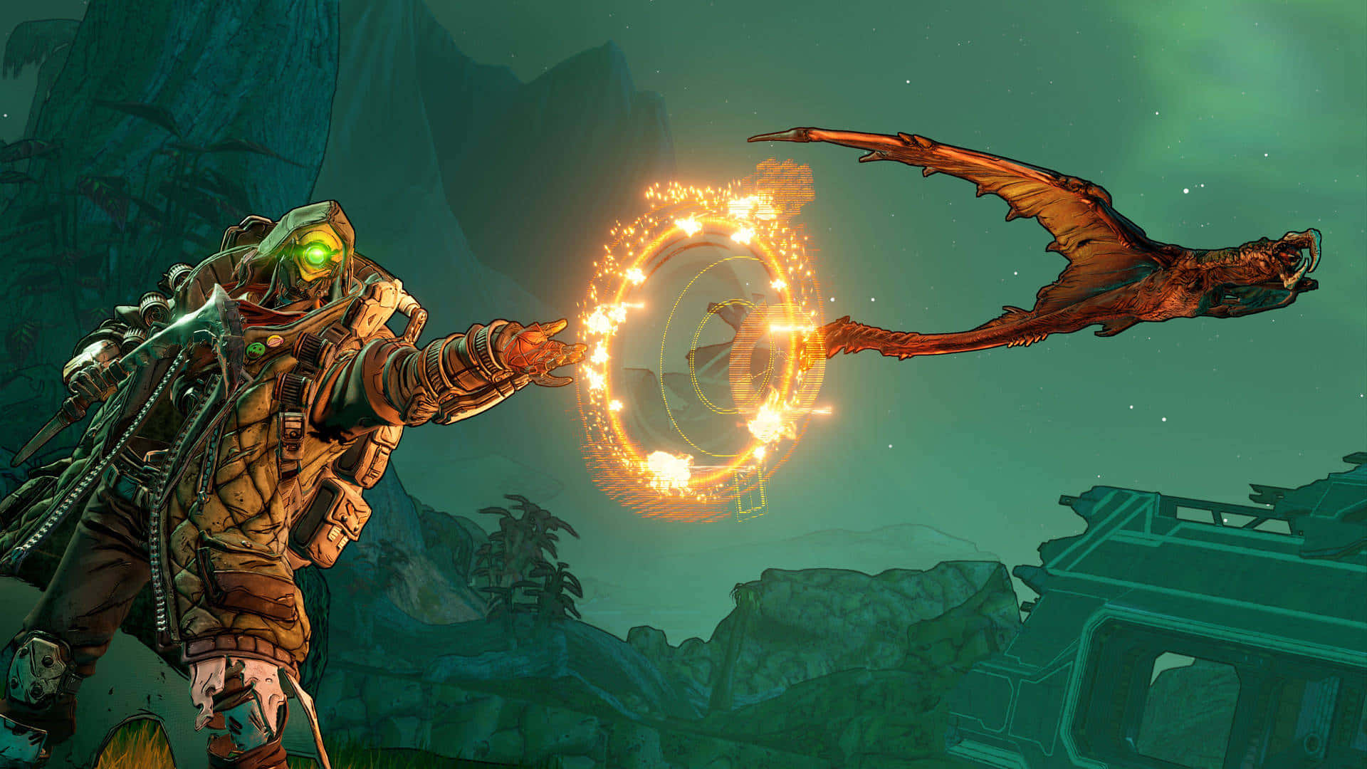 1080p Borderlands 3 桌布 壁紙 — 一名身穿盔甲、眼睛發出綠光的戰士，在藍綠色外星景觀中向一條飛龍發射火焰環。