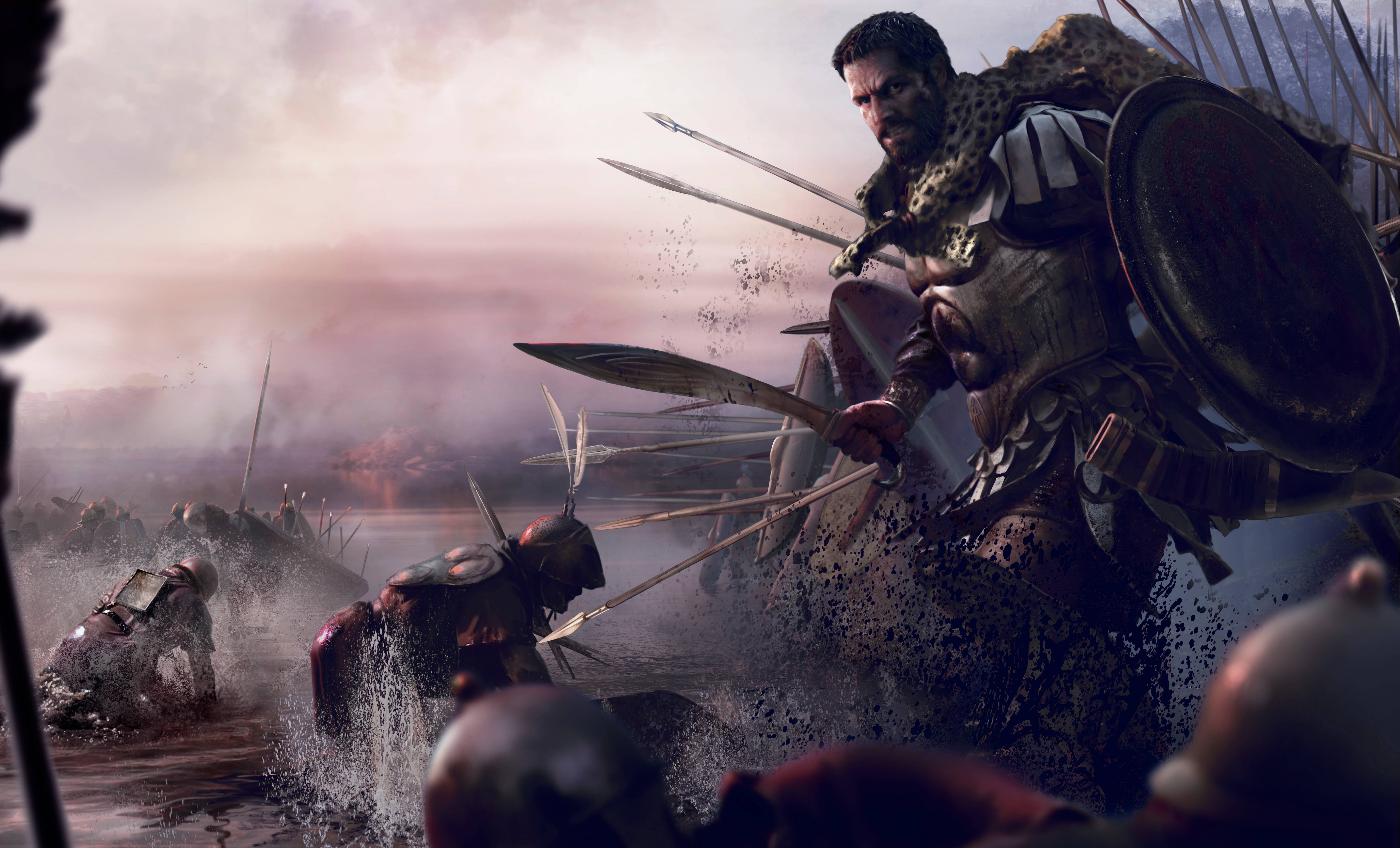 Total War 桌布 壁紙 — 一名身穿盔甲的兇猛戰士在泥濘的水中衝鋒，身處長矛和盾牌碰撞的混亂戰場。
