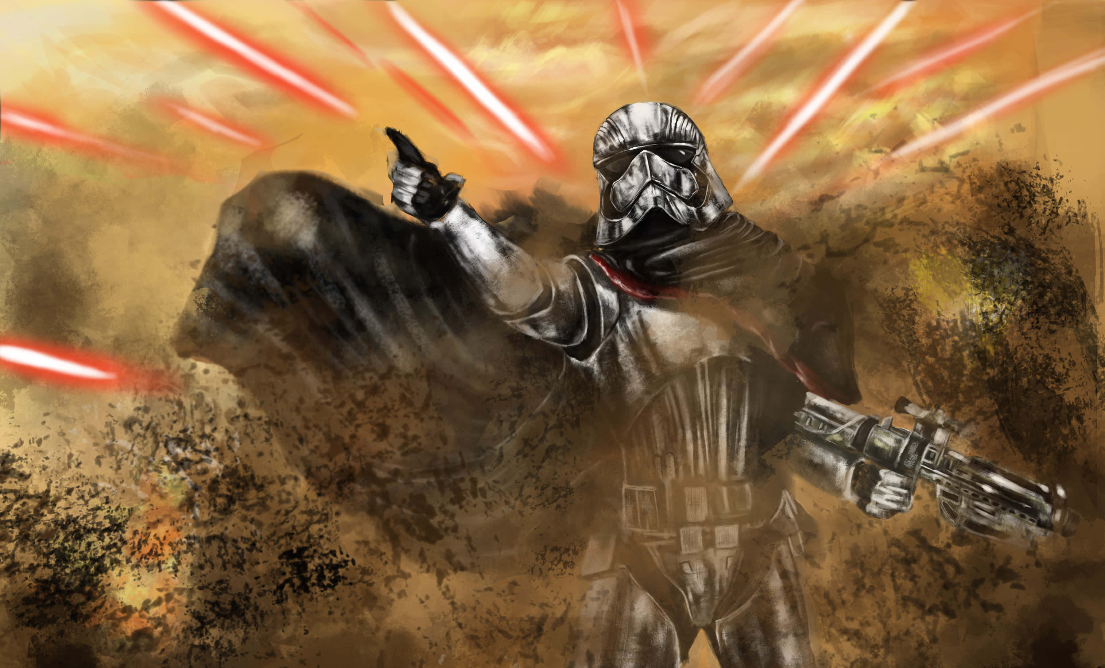 Captain Phasma 桌布 壁紙 — 一名身穿盔甲的可怕第一秩序軍官向前指，紅色雷射光束劃過塵土飛揚的戰場。