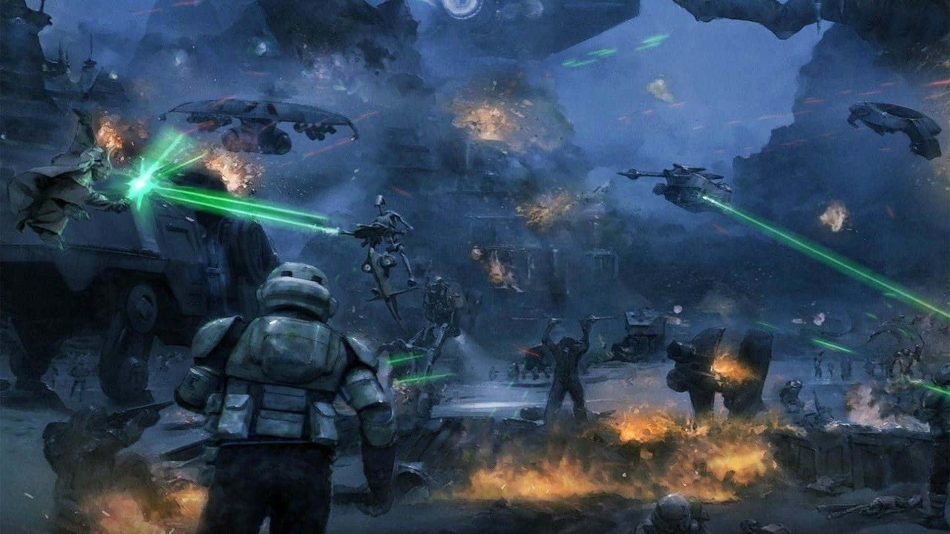 Clone Wars 桌布 壁紙 — 一名身穿盔甲的士兵站在混亂的戰場中，綠色雷射爆炸和爆炸在未來戰爭機器和飛行車輛周圍爆發。