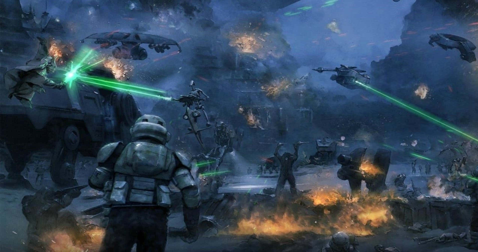 Lightsaber Duels 桌布 壁紙 — 一名身穿盔甲的士兵站在混亂的戰場上，周圍有爆炸和來自懸浮車輛的綠色雷射射線。