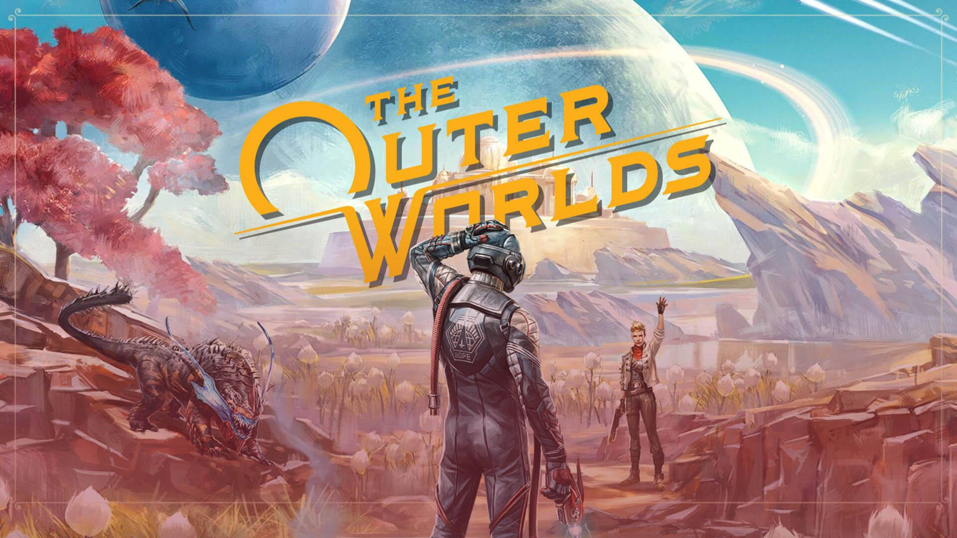 The Outer Worlds 桌布 壁紙 — 一名身穿盔甲的太空探險家站在外星行星上，附近有一條龍狀生物，還有一個同伴在藍色月亮下揮手。