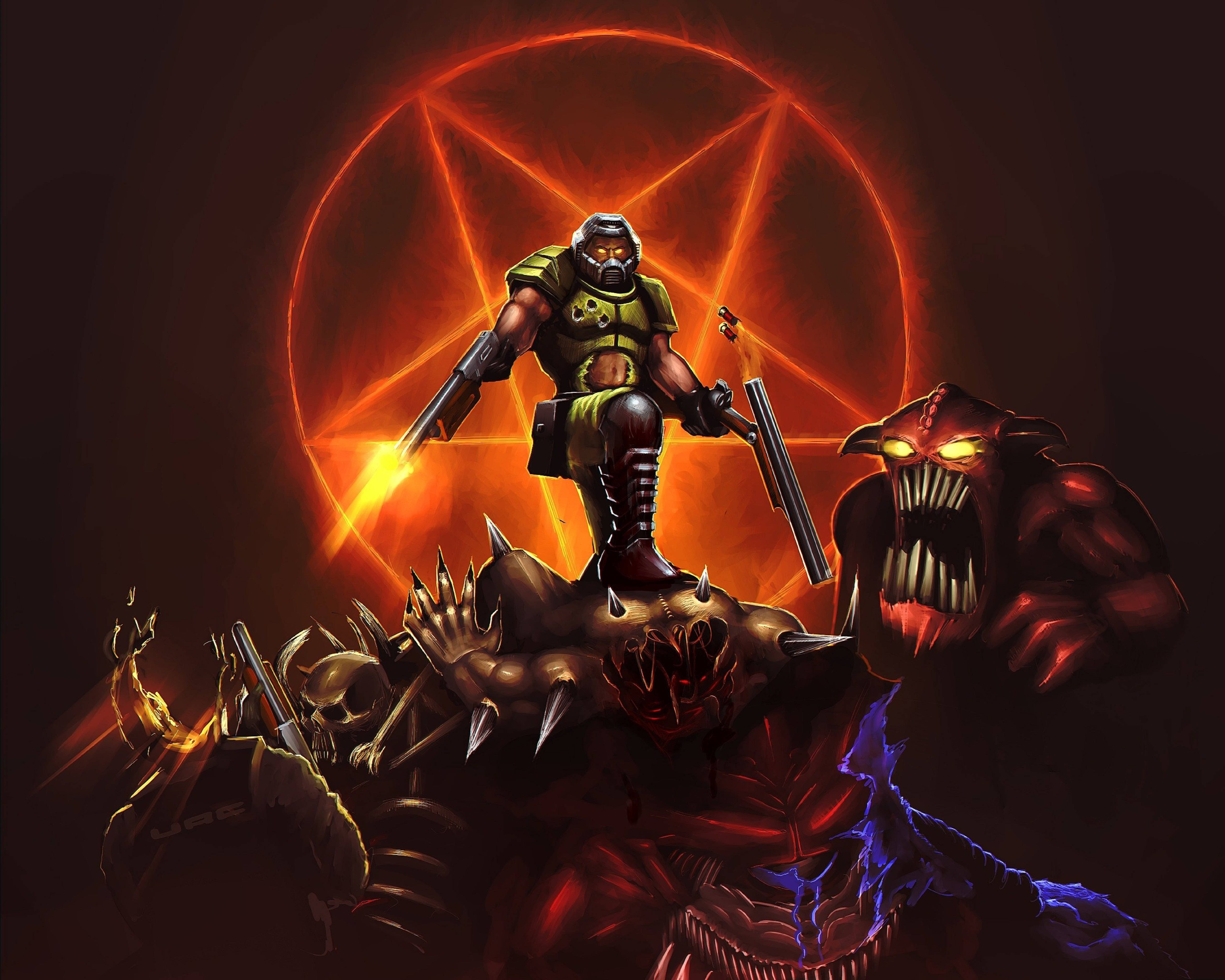 Doomguy 桌布 壁紙 — 一名身穿盔甲的戰士勝利地站在被殺死的惡魔之上，身後有一個發光的紅色五角星。