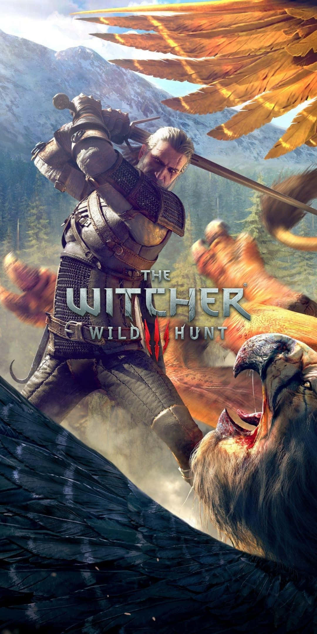 Pixel 3 The Witcher 3 桌布 壁紙 — 一名身穿盔甲的戰士在一個多山的森林中與一隻擁有火焰翅膀的巨鷹和一頭在下方咆哮的野獸戰鬥。