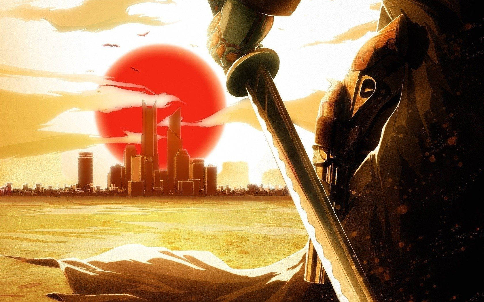 日本武士 桌布 壁紙 — 一名身穿盔甲的戰士在夕陽下，對著未來城市景觀上方發光的紅日舉起劍。