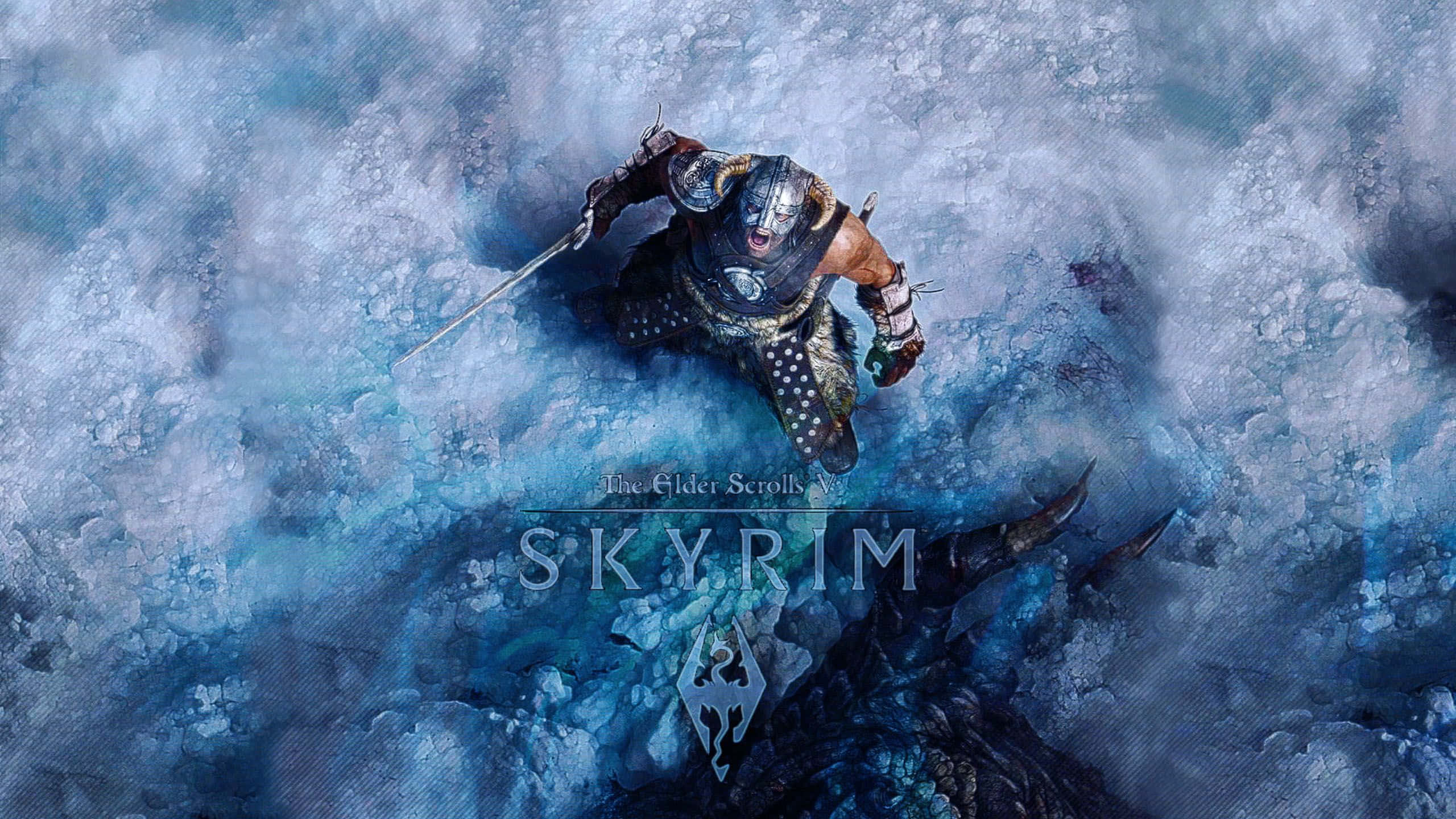 電玩遊戲 桌布 壁紙 — 一名身穿盔甲的戰士在戲劇性的Skyrim場景中，從巨龍頭頂穿過冰藍色的雲層俯衝而下。