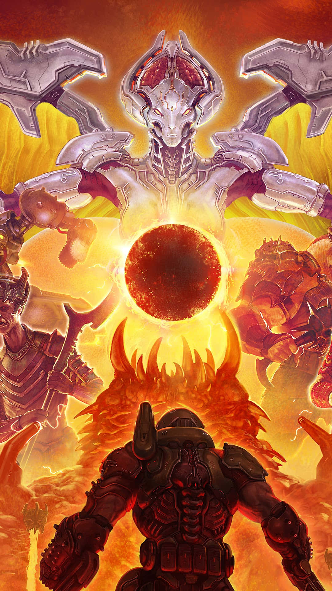 Doom Eternal HD 桌布 壁紙 — 一名身穿盔甲的戰士在熊熊烈火和發光球體中面對一座高聳的生物機械神祇。