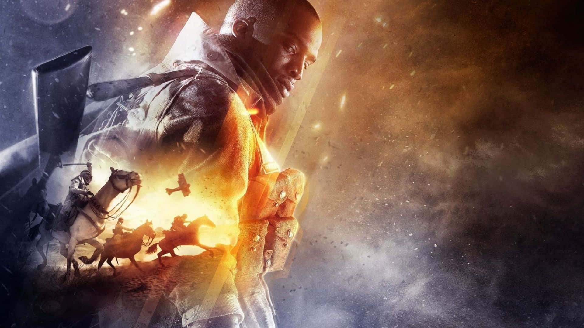 1920x1080 Battlefield 1 桌布 壁紙 — 一名身穿盔甲的戰士在熾熱的宇宙背景下堅定站立，周圍有騎馬的騎士和墜落的碎片。