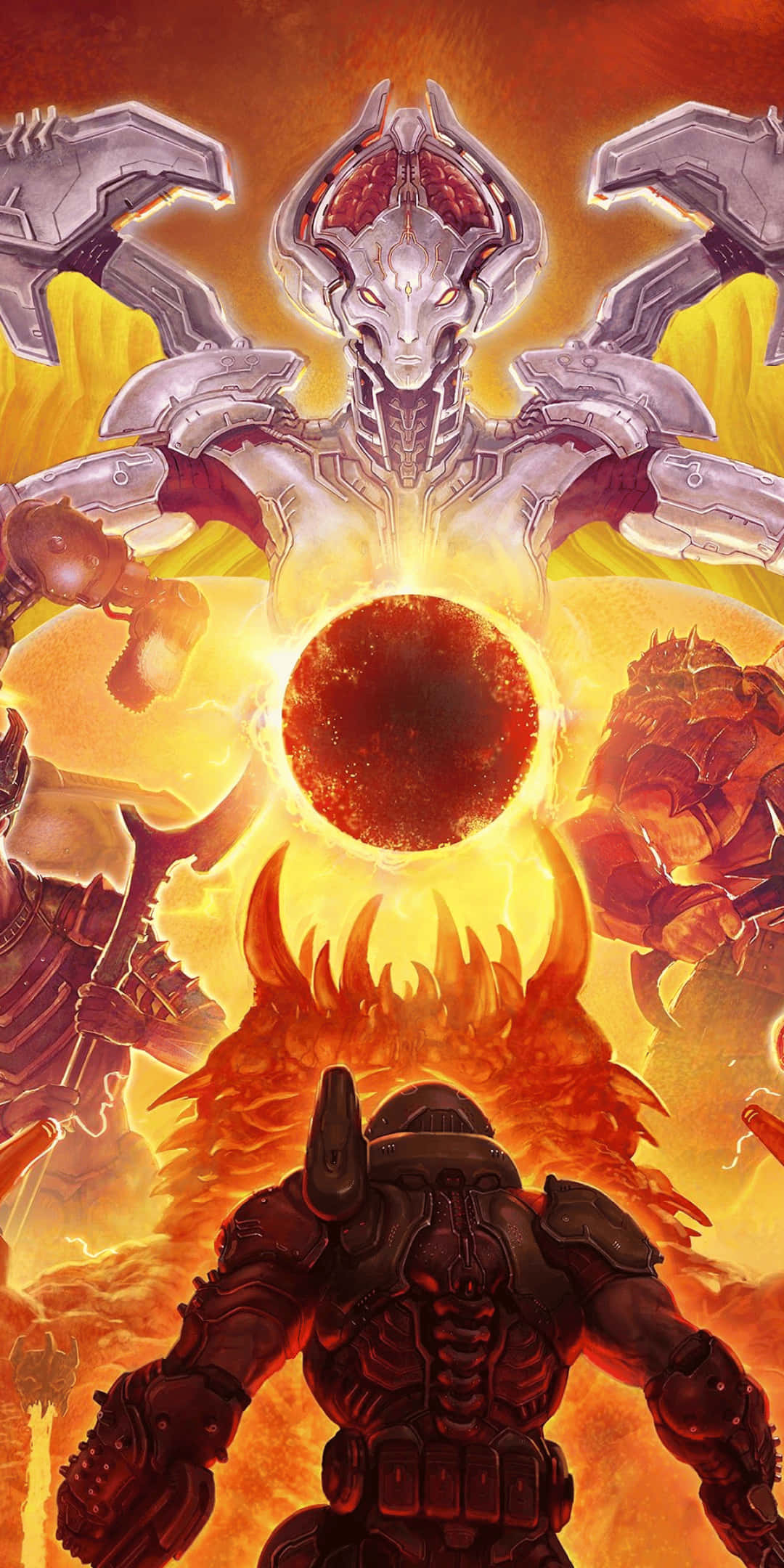 Pixel 3 Doom 桌布 壁紙 — 一名身穿盔甲的戰士在熾熱的橙色和黃色火焰及發光球體中，面對一座高聳的機械神祇。