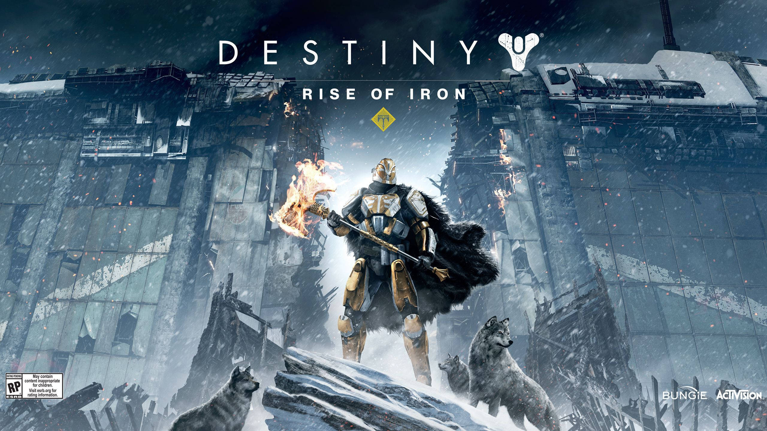 destiny 4K 桌布 壁紙 — 一名身穿盔甲的戰士在積雪廢墟上揮舞著火焰武器，狼群在暴風雨的天空下觀望。