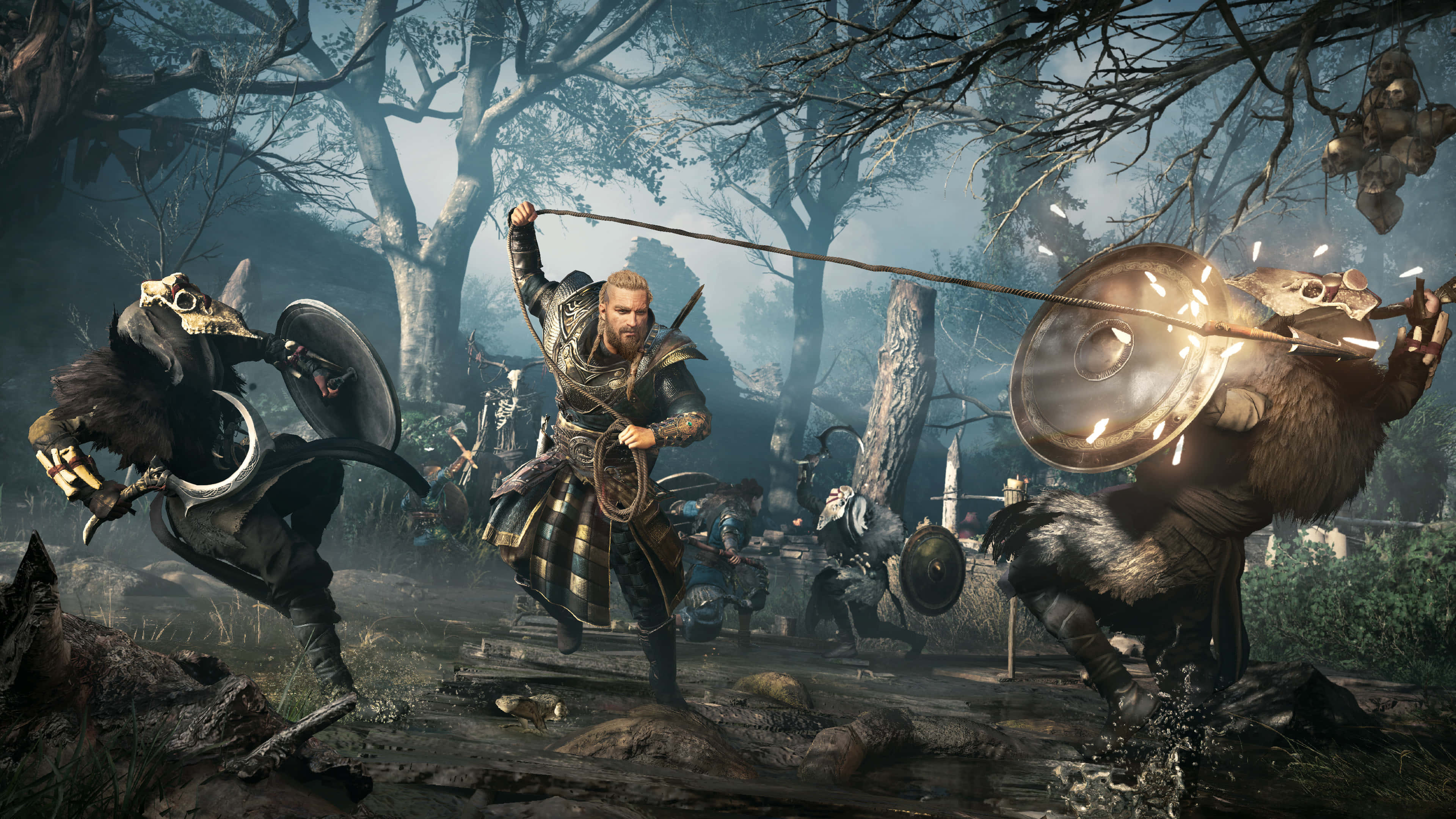 4K Assassin's Creed Valhalla 桌布 壁紙 — 一名身穿盔甲的戰士在迷霧森林中與怪物般的敵人戰鬥，背景中有發光的武器和骷髏身影。