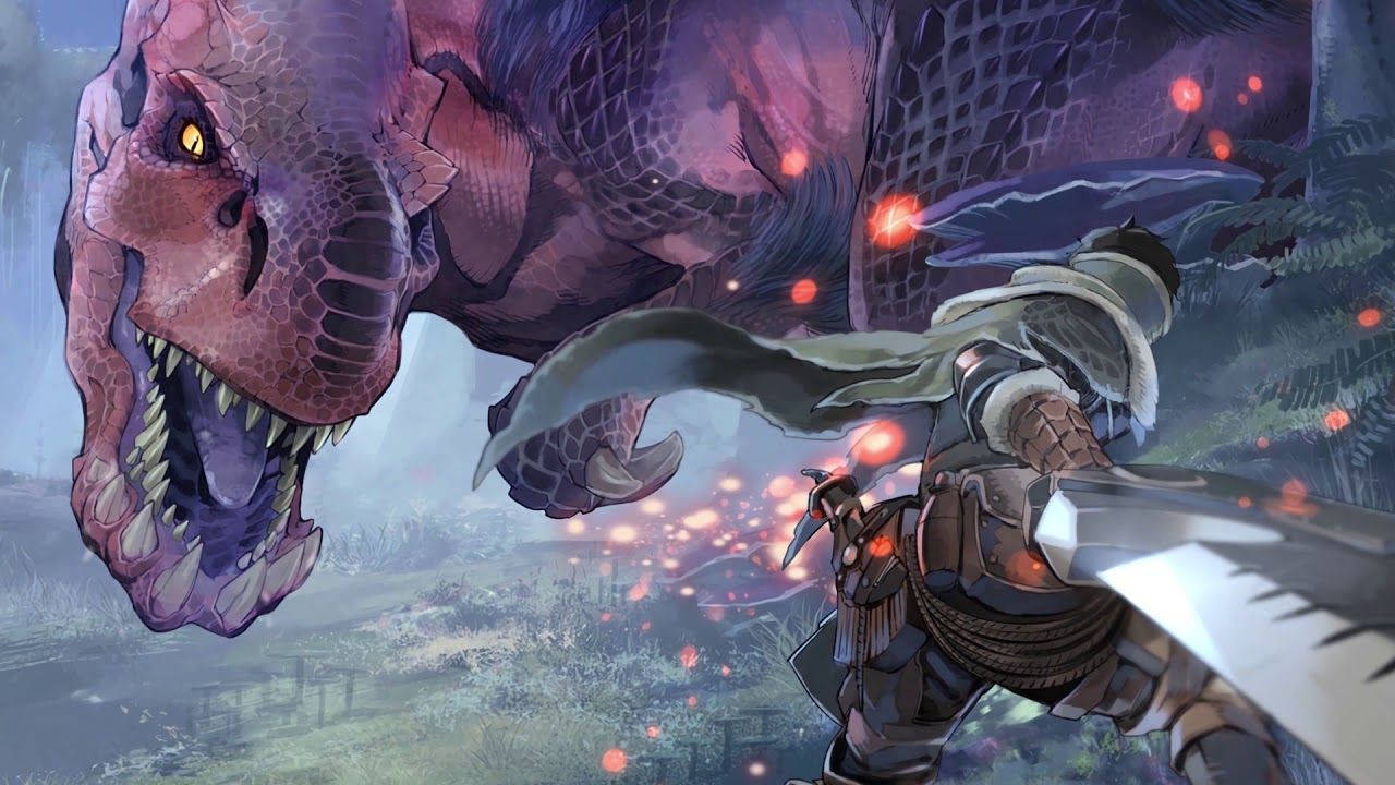 World 桌布 壁紙 — 一名身穿盔甲的戰士在迷霧森林中與一隻巨大的紫色恐龍交戰，周圍有發光的紅色粒子。