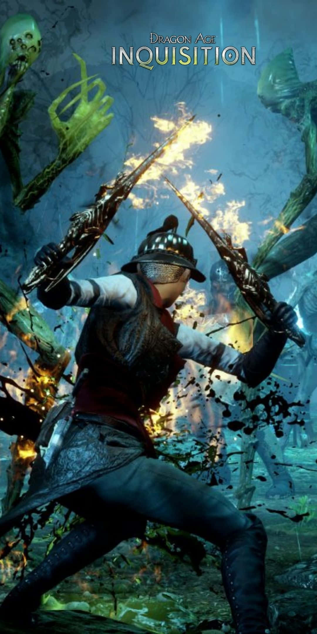 Pixel 3 Dragon Age Inquisition 桌布 壁紙 — 一名身穿盔甲的戰士在黑暗奇幻戰鬥場景中揮舞雙焰劍對抗發光的綠色骷髏敵人。