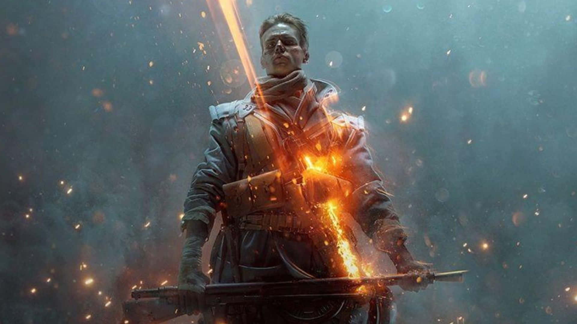 HD Gaming 桌布 壁紙 — 一名身穿盔甲的戰士挑釁地站立，他的武器噴發出烈焰能量，背景是煙霧瀰漫的黑暗。