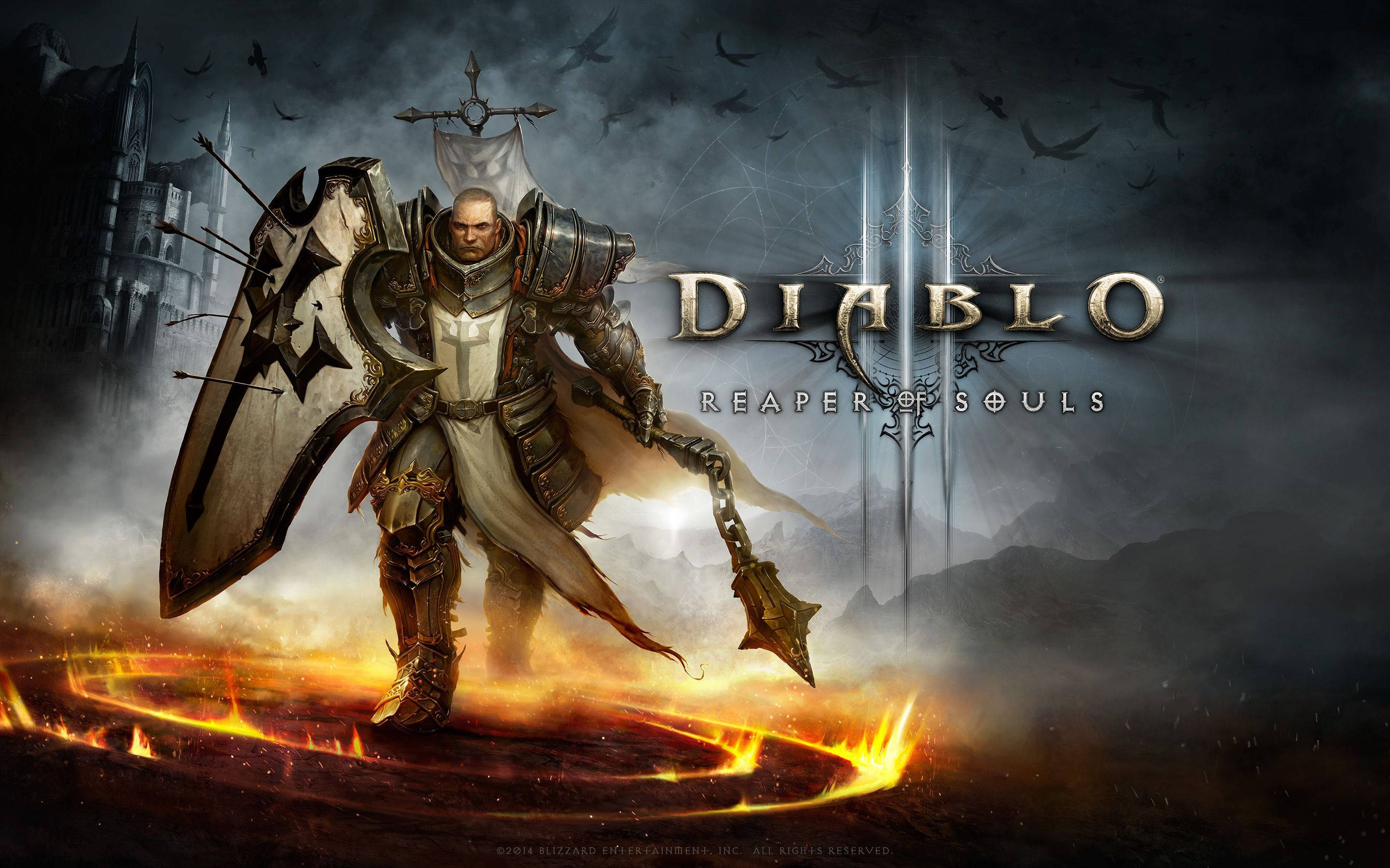 Diablo 桌布 壁紙 — 一名身穿盔甲的戰士揮舞著火焰劍和盾牌，背景是黑暗的哥德式城堡，腳下有發光的符文。