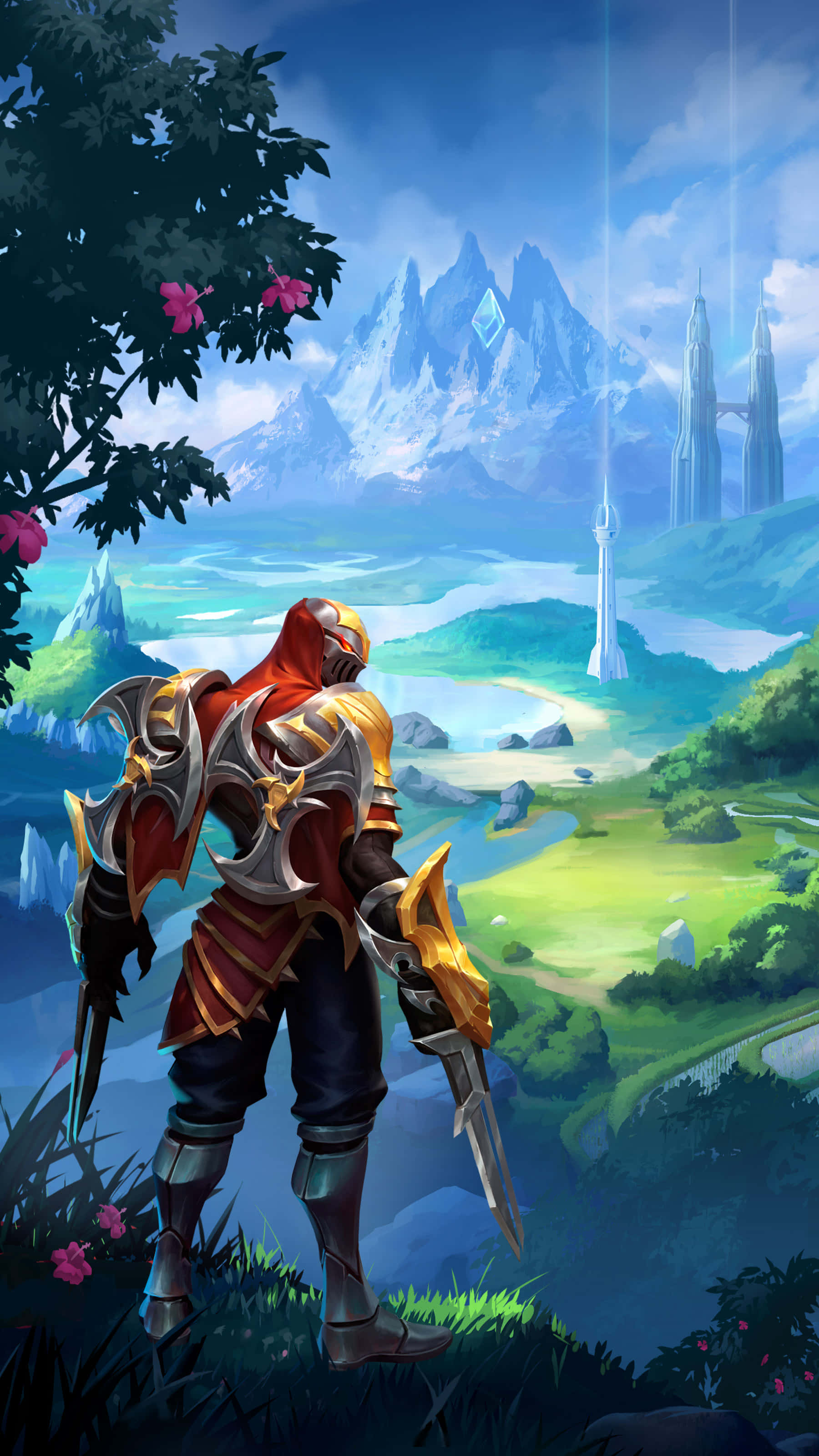 Android League Of Legends 桌布 壁紙 — 一名身穿盔甲的戰士站在懸崖上，俯瞰著一個充滿活力的山谷，山谷中有未來主義的塔樓和白雪覆蓋的山脈，天空湛藍。