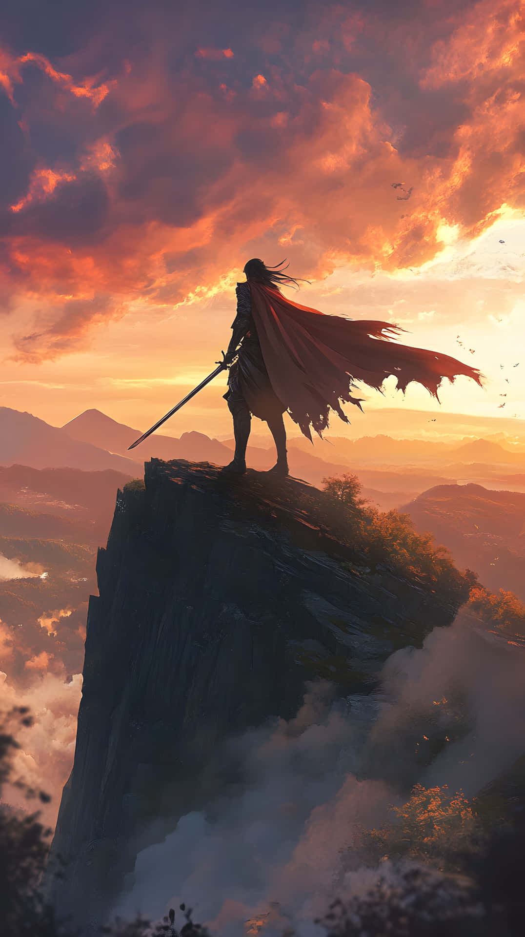 Epic samurai overlooking mountains golden hour 壁紙 — 一名身穿盔甲的戰士站在懸崖邊，夕陽下手持劍，披風飄揚，背景是火熱的橙色和紫色天空。