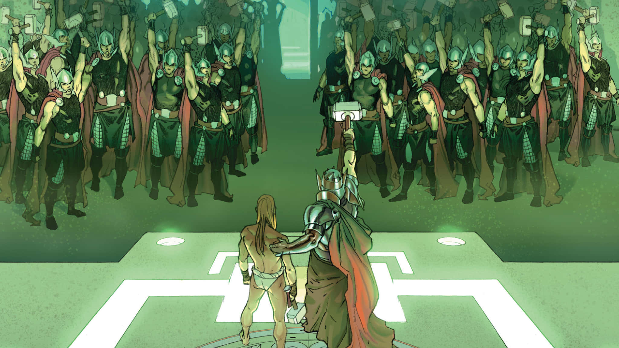 Secret Wars 桌布 壁紙 — 一名身穿盔甲的戰士與一個赤裸上身的角色站在發光的平台上，而一支戴頭盔的士兵軍隊在綠色照明的競技場中舉起武器。