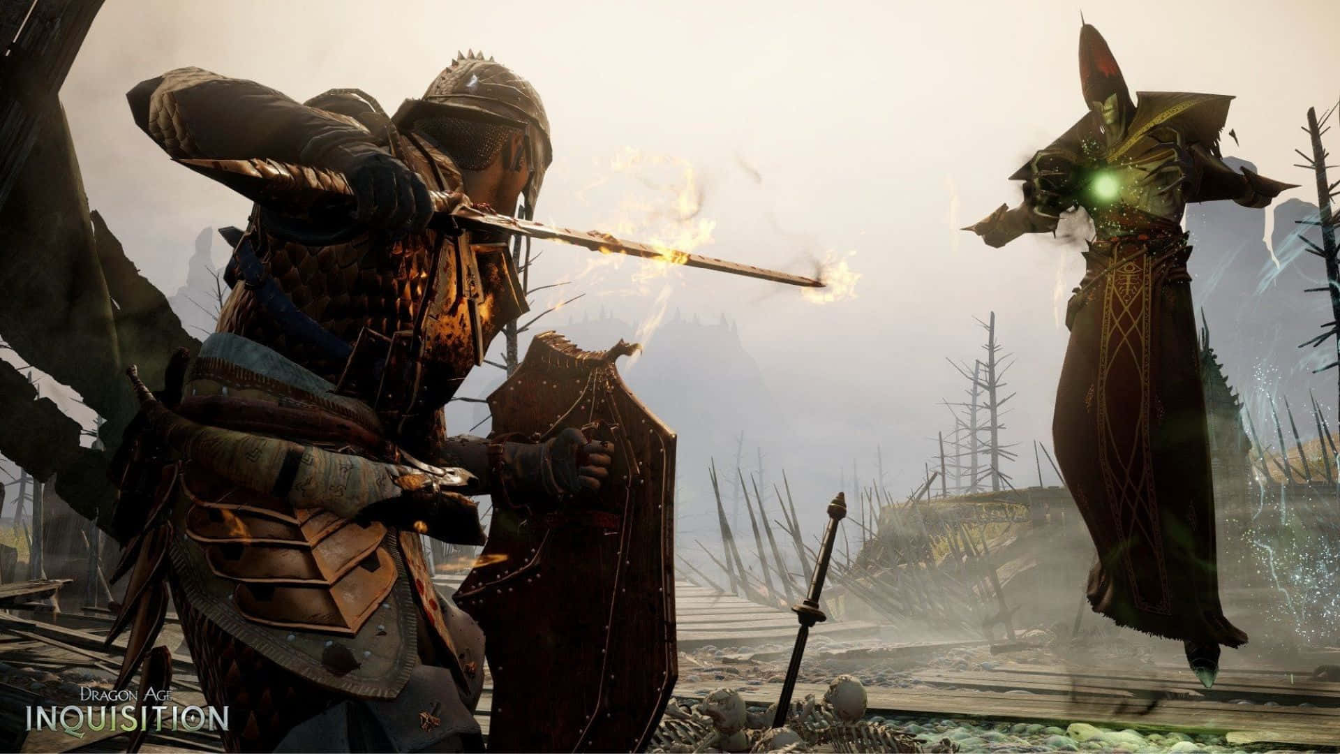 Knight 桌布 壁紙 — 一名身穿盔甲的戰士與一名漂浮的魔法師在荒涼的戰場上施展魔法交鋒。
