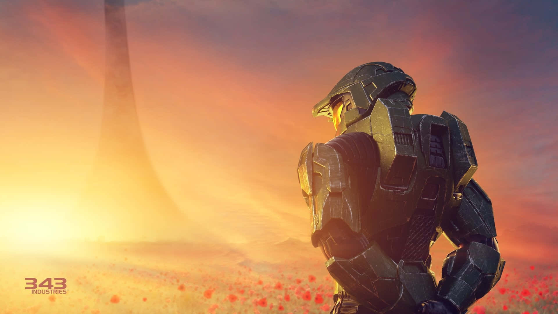 Master Chief 桌布 壁紙 — 一名身穿盔甲的斯巴達戰士站在紅花田裡，凝視著熾熱日落天空下的一個巨大環形結構。
