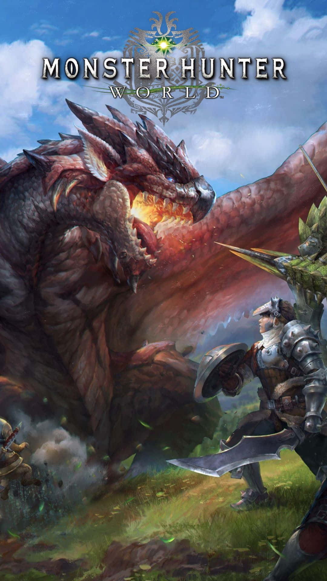 Android Monster Hunter World 桌布 壁紙 — 一名身穿盔甲的獵人在晴朗藍天下的草地上，面對一隻巨大的火焰龍噴出火焰。