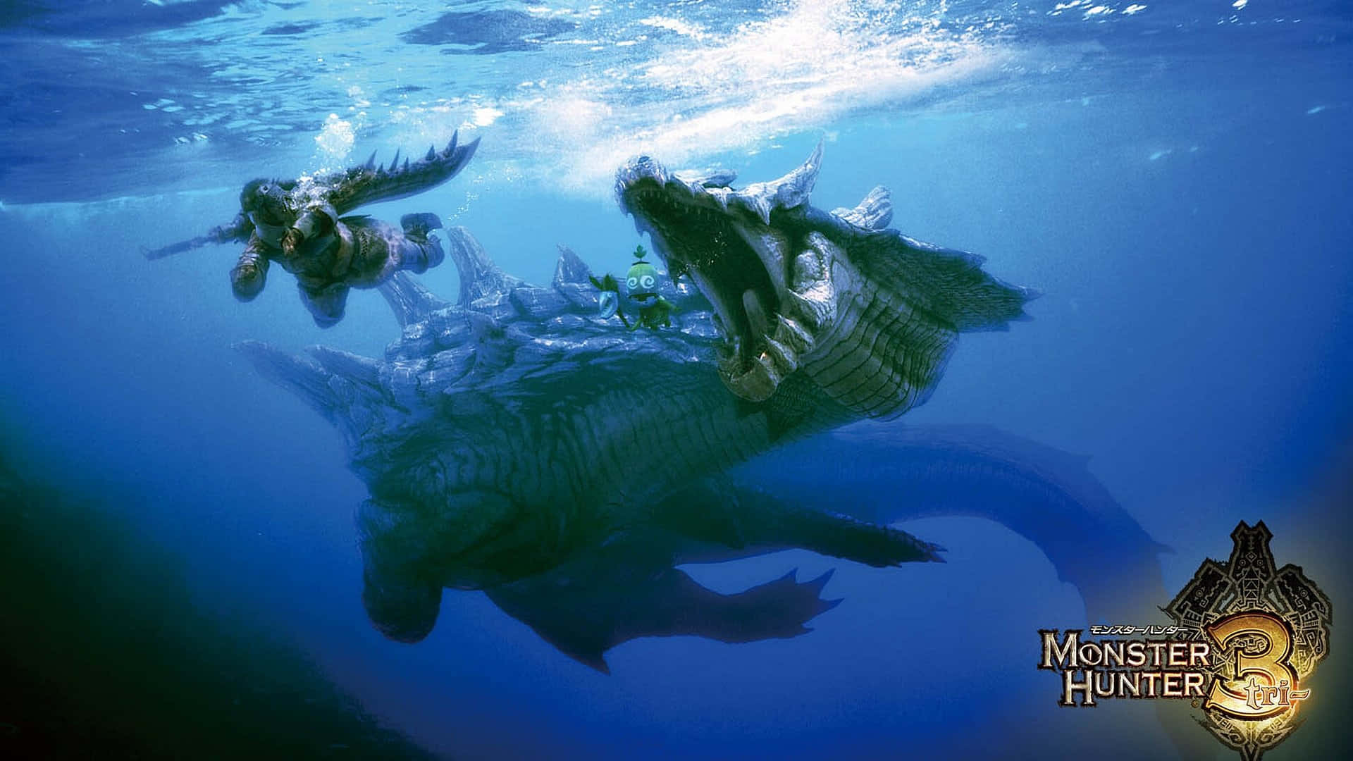 Monster Hunter Monsters 桌布 壁紙 — 一名身穿盔甲的獵人在深藍色海洋中游向一隻張開大嘴的巨大水生怪物。