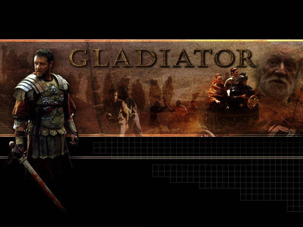 Gladiator 桌布 壁紙 — 一名身穿盔甲的羅馬角鬥士手持染血之劍，背景為戲劇性的電影標題及歷史戰鬥場景。