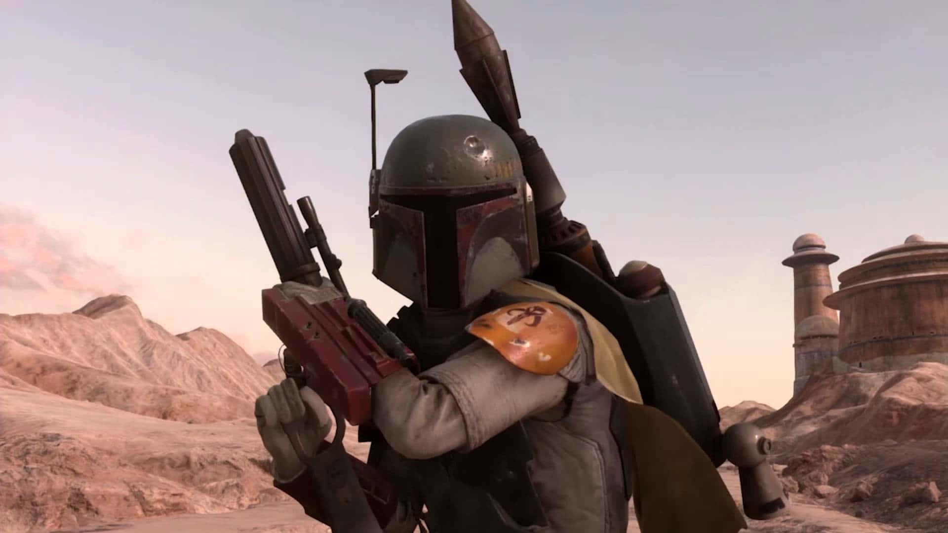Tatooine 桌布 壁紙 — 一名身穿盔甲的賞金獵人在沙漠峽谷中，於日落時分手持爆能槍準備就緒。